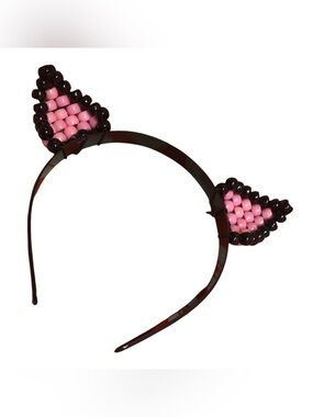 Hand Crafted Pink and Black Beaded Cat Ear Headband